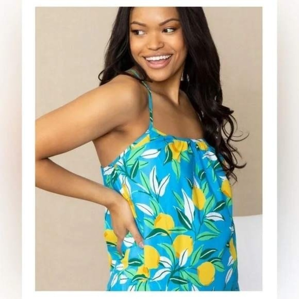 Printfresh Lemon Print Cami Tank Top Women XS Blue Fruit Summer Cross Back